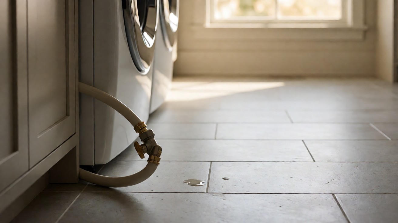 A washing machine supply hose and valve on a light grey tiled floor with a small water drop