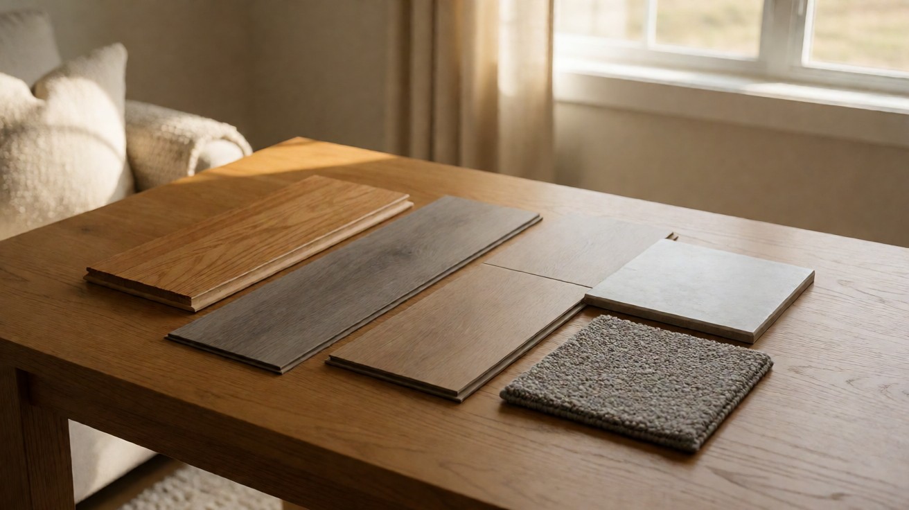Five flooring options side by side: hardwood, vinyl, laminate, tile and carpet
