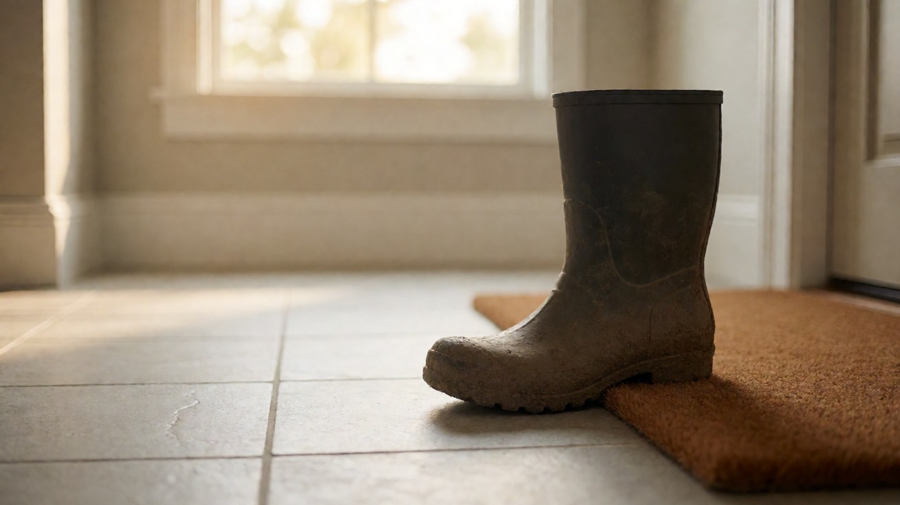A muddy rubber boot on a light grey tiled entryway floor beside a coir doormat