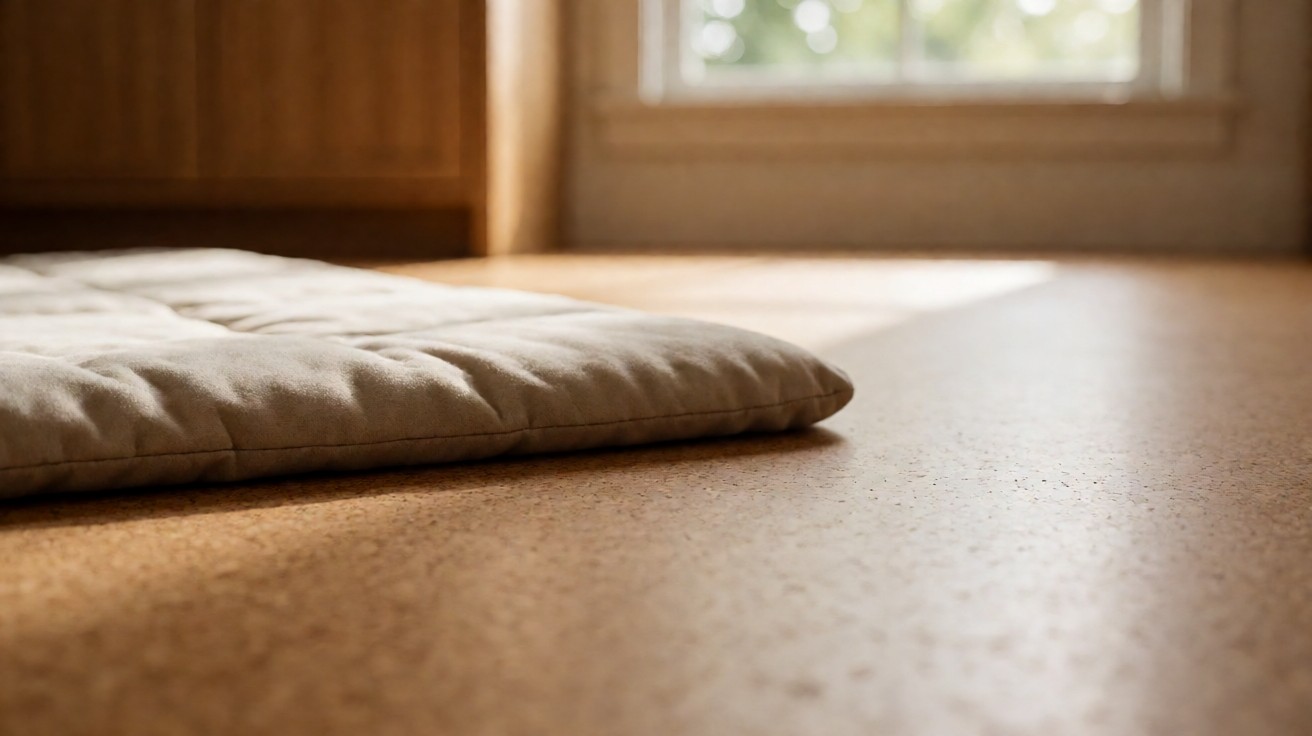A soft cork floor surface with the edge of a padded floor mat resting on it