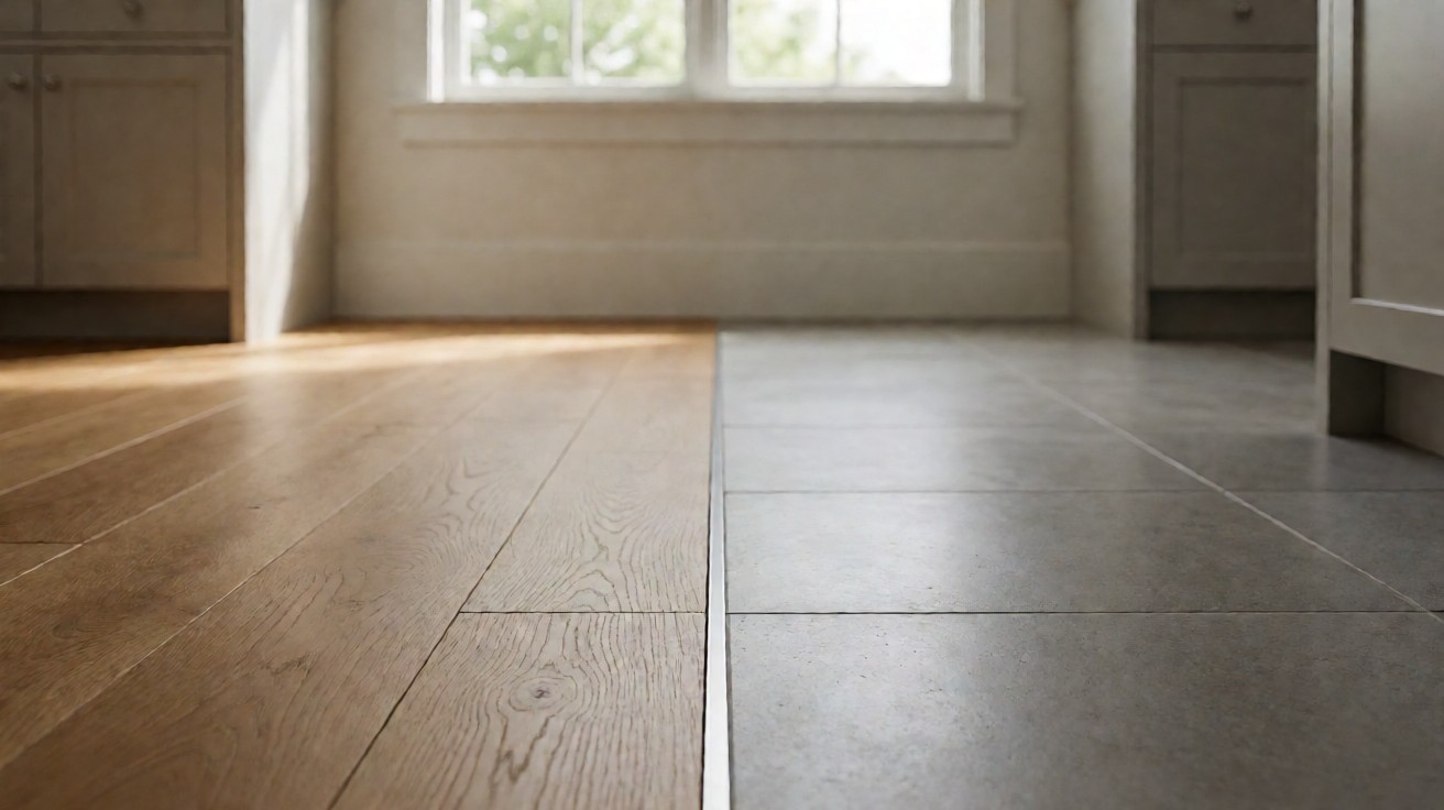 A flush aluminium transition strip between an oak plank floor and a grey tile floor at the same level