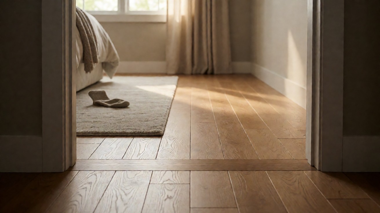Warm oak plank flooring at a bedroom doorway with the edge of a rug and a hardwood transition strip