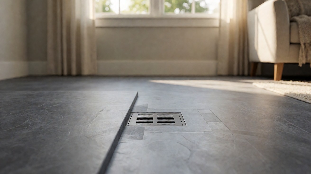 A floor drain in a room with worn scuffed grey vinyl plank flooring around it