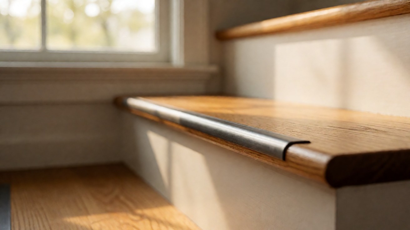 A wooden stair tread edge with a metal stair nosing strip fitted along the front lip