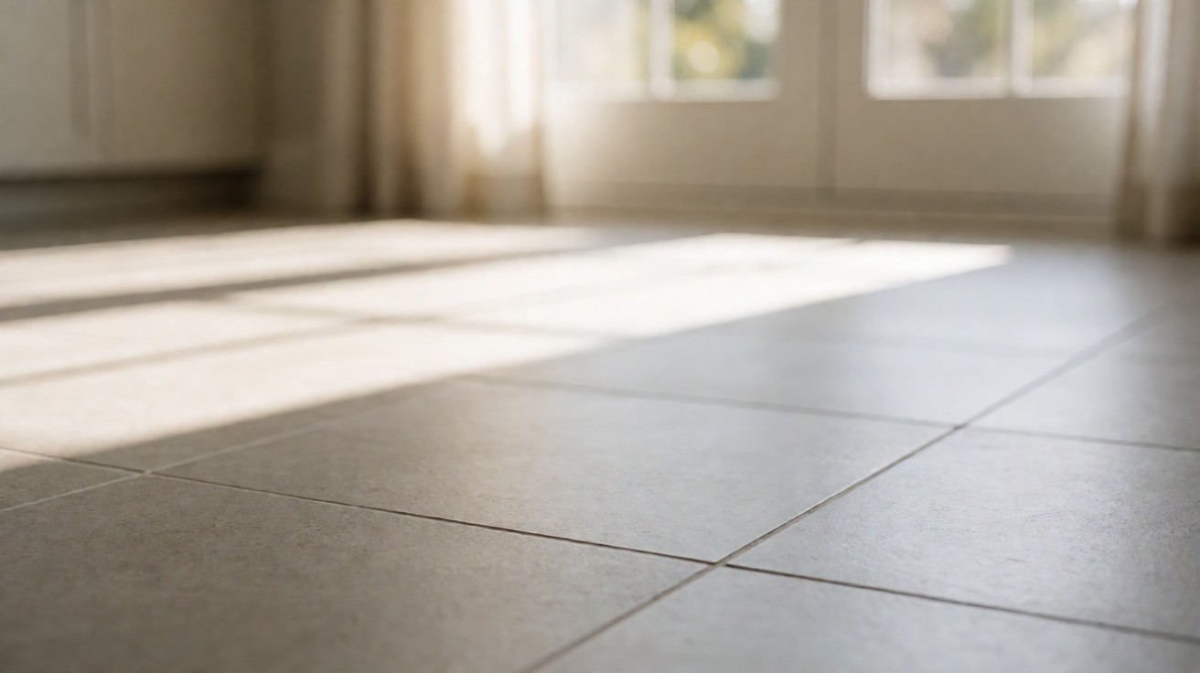 Light grey tile flooring in direct sunlight, with grout lines visible across the surface