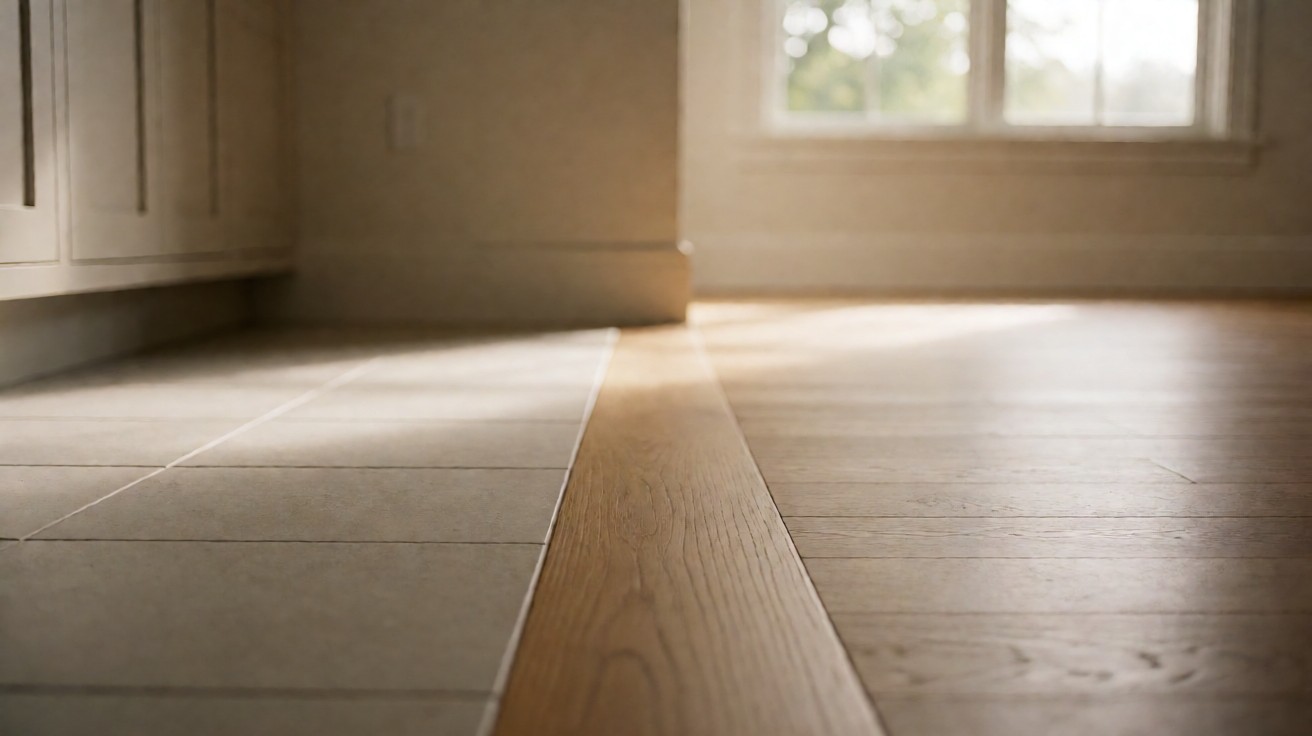 A timber threshold strip between a light grey tile floor and a warm wood floor at a doorway