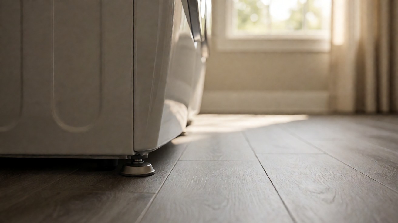 An adjustable appliance foot resting on a grey wood-look vinyl plank floor