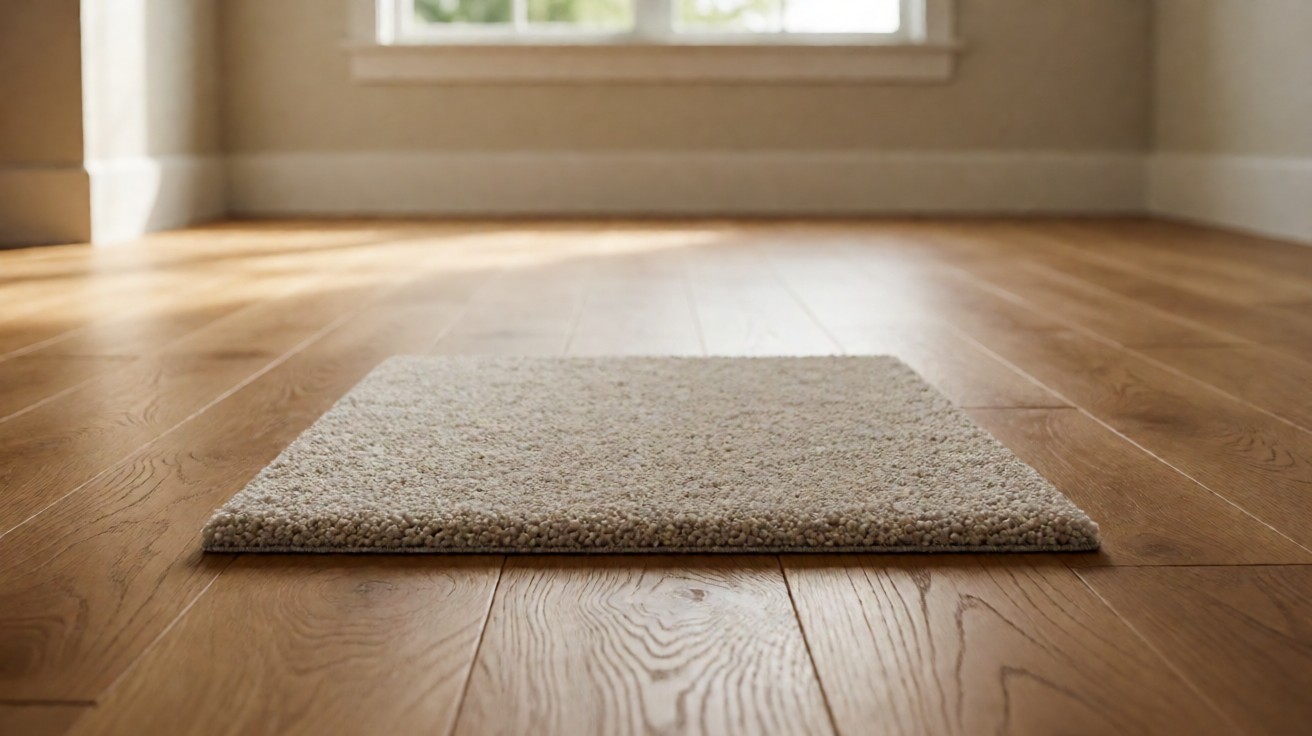 A soft neutral carpet tile resting on a warm wood plank floor, showing both surfaces