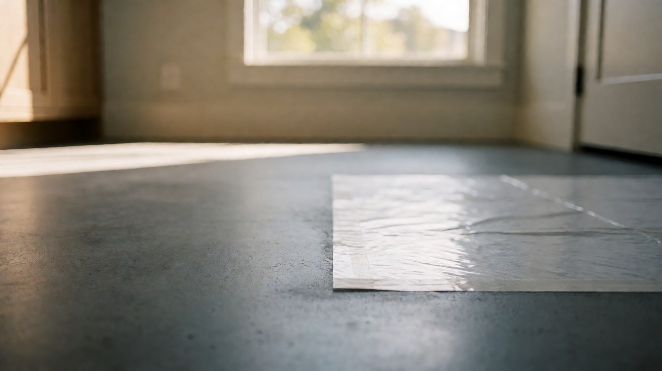 A moisture test sheet taped flat against a grey concrete slab floor