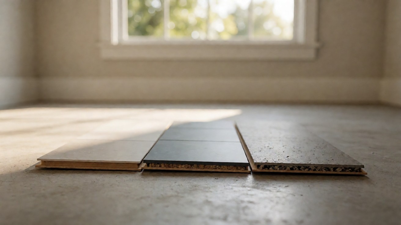 Three flooring plank samples side by side with the stacked layers of each board visible