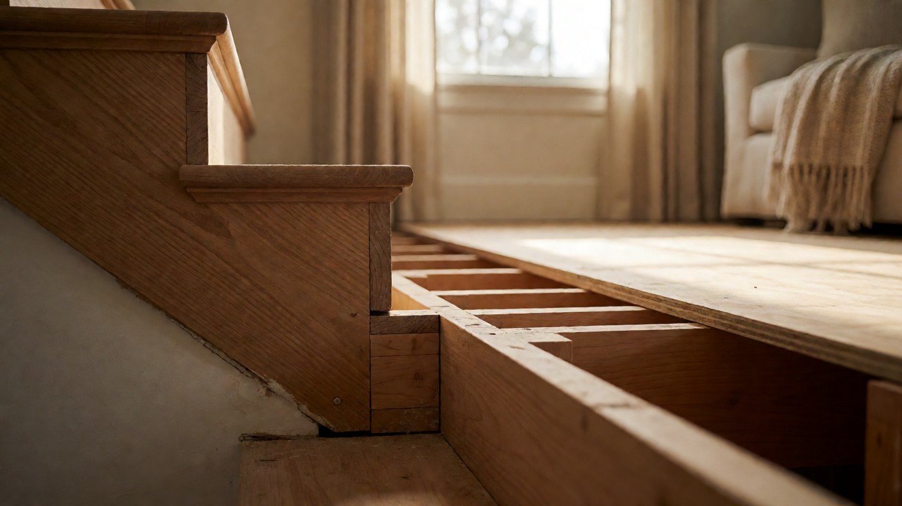 An unfinished timber structure showing a stair stringer meeting floor joists under a subfloor