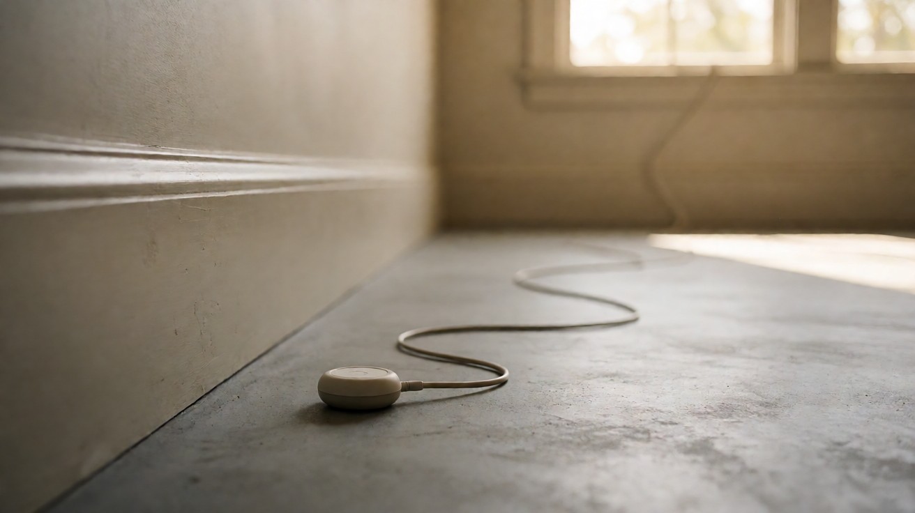 A small round floor temperature sensor with a cable lying on a concrete floor beside a skirting board