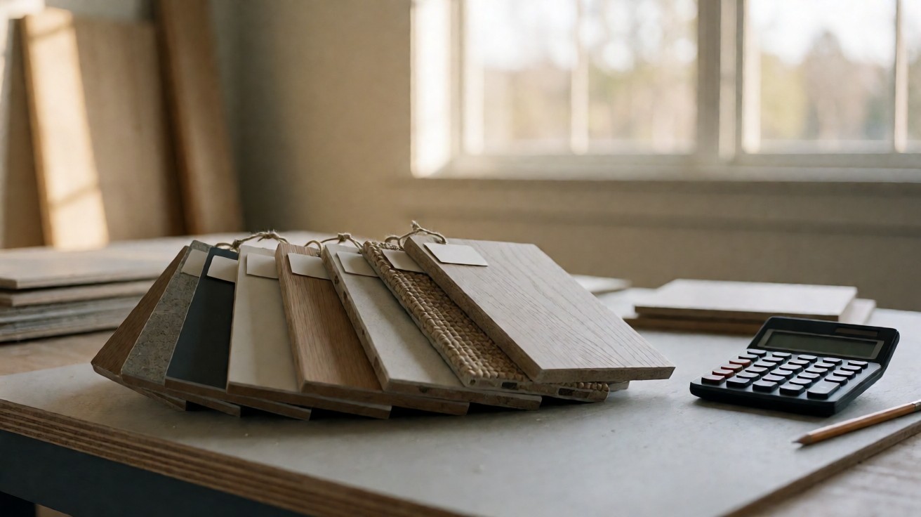 Flooring sample boards fanned beside a calculator and pencil on a workbench