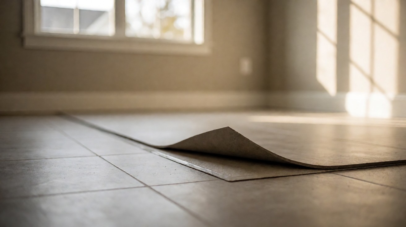 A section of resilient sheet flooring with its edge lifted off a tiled floor, showing the layer beneath