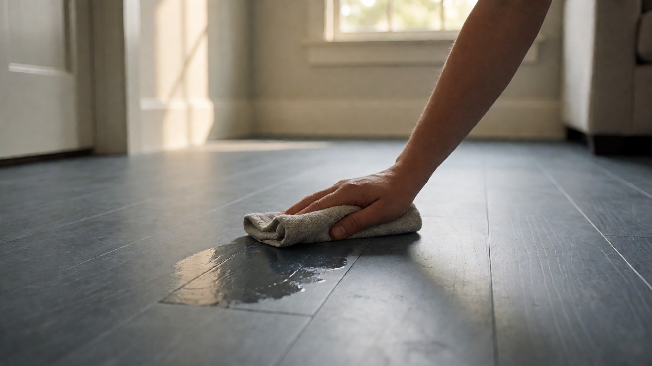 A hand wiping a spill with a damp cloth on a grey plank floor