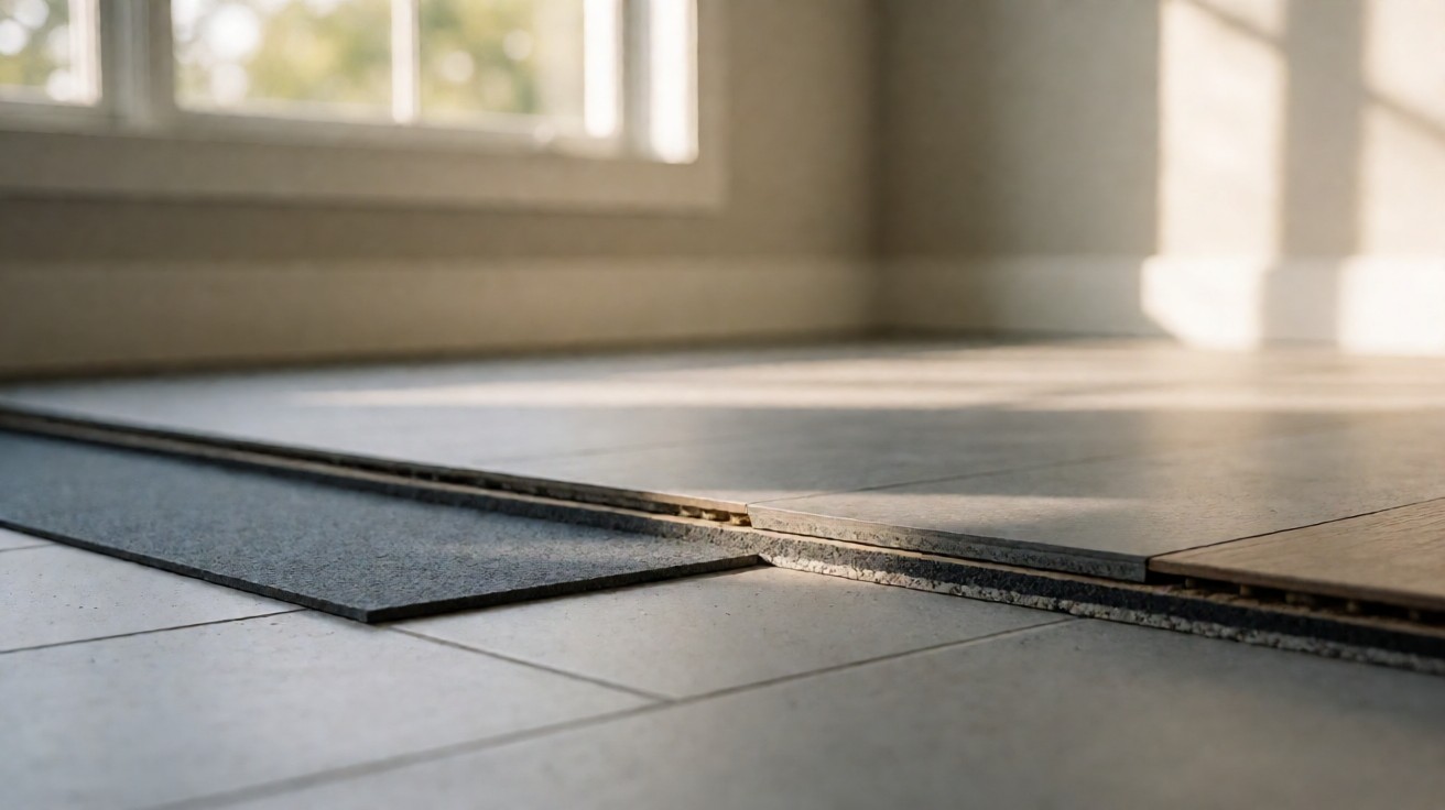 A cut section through a floor showing a thick underlay sheet with a finish floor above it