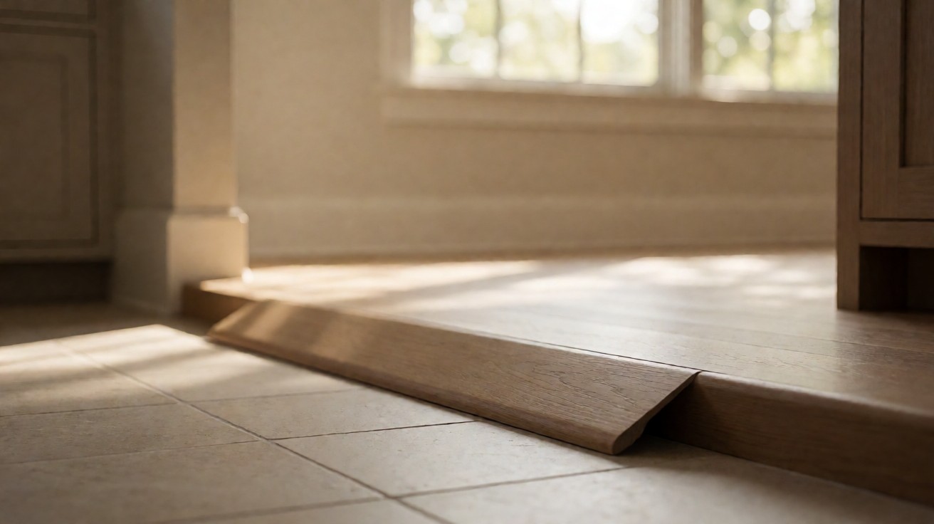 A tapered wood reducer strip covering the height difference at the edge of a raised plank floor