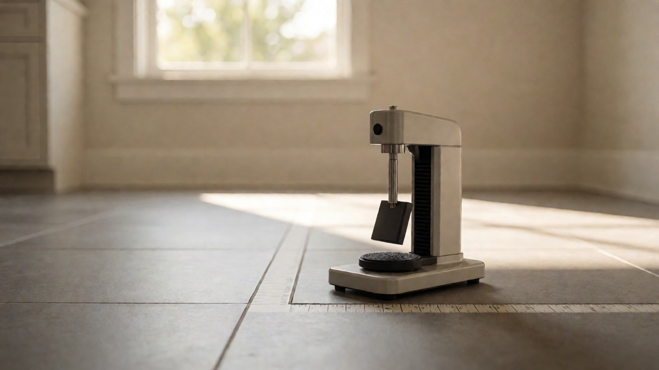 A measuring instrument resting on a large-format grey tile floor beside a scale