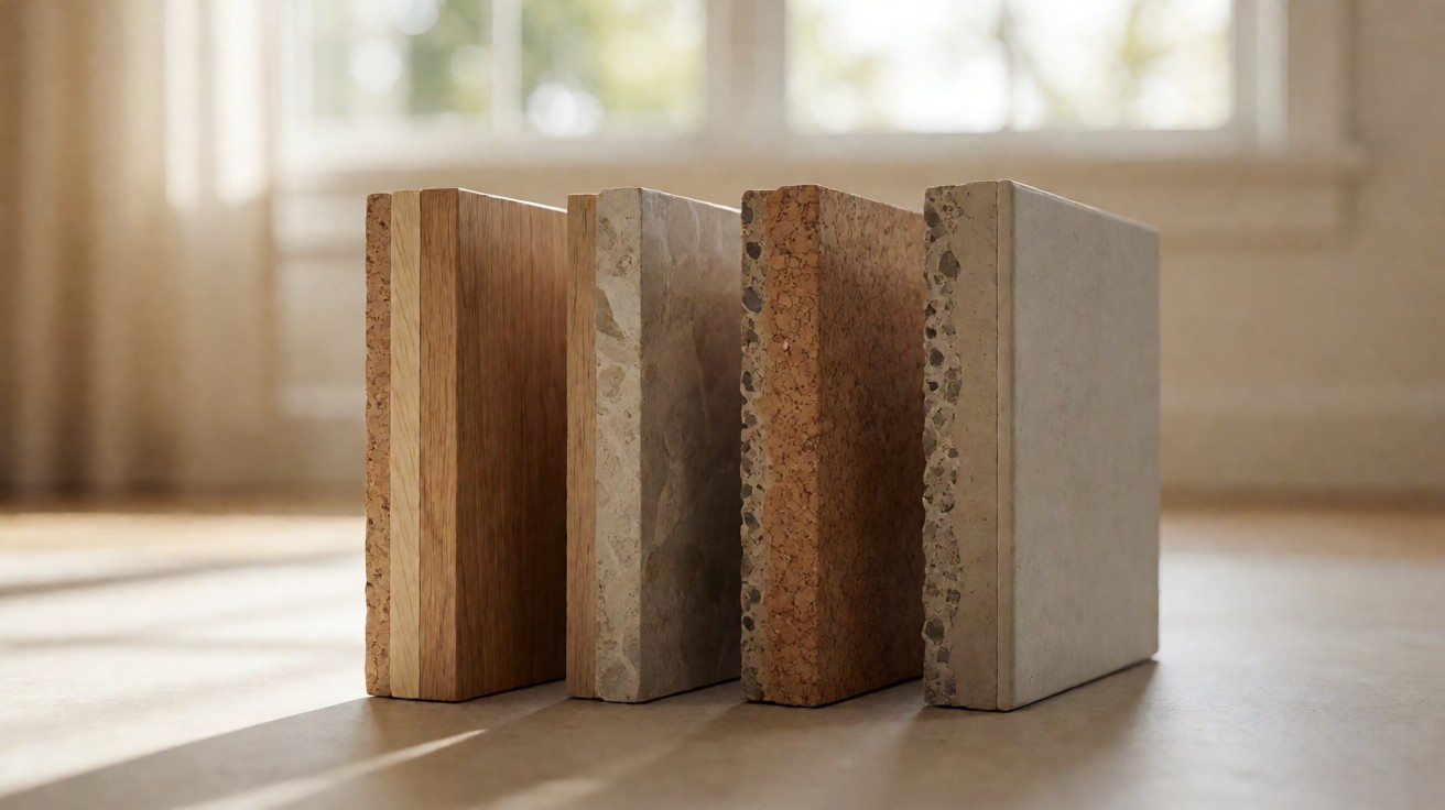 Cut edges of four flooring samples showing different cores