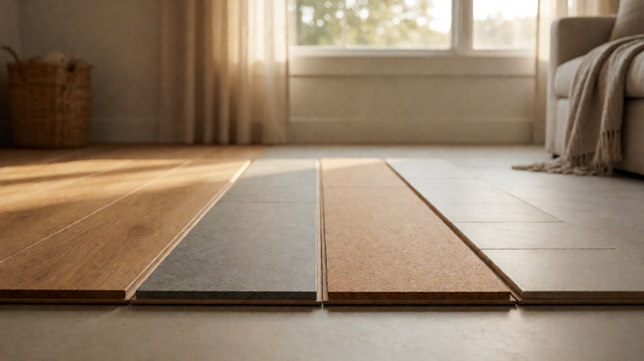 Four flooring samples laid side by side: oak plank, grey stone-look plank, cork, and pale ceramic tile