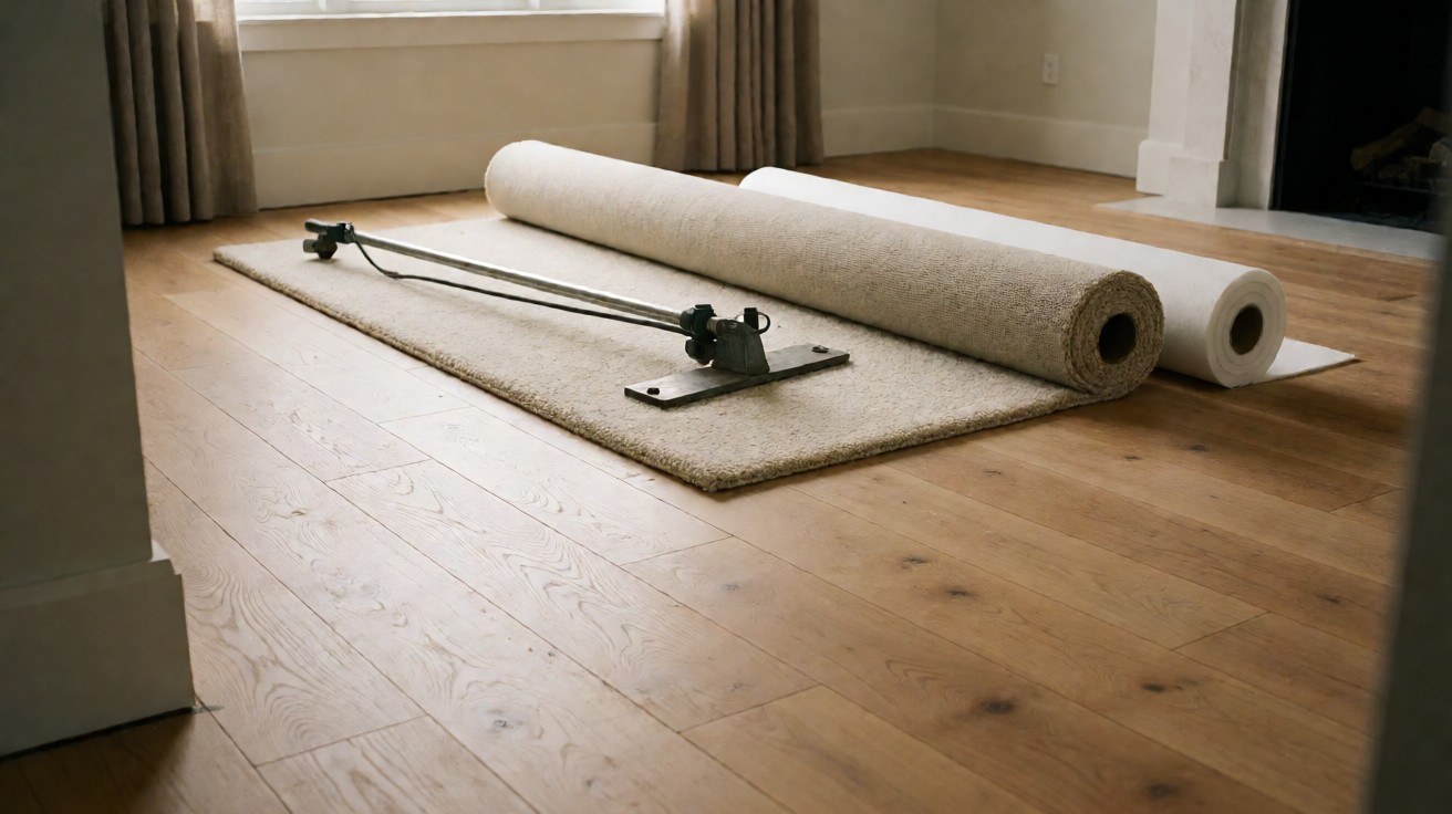 Carpet roll and foam pad unrolled over wood flooring during a home flooring project