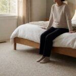Bedroom with beige cut pile carpet, oak bed frame, and white bedding in morning daylight