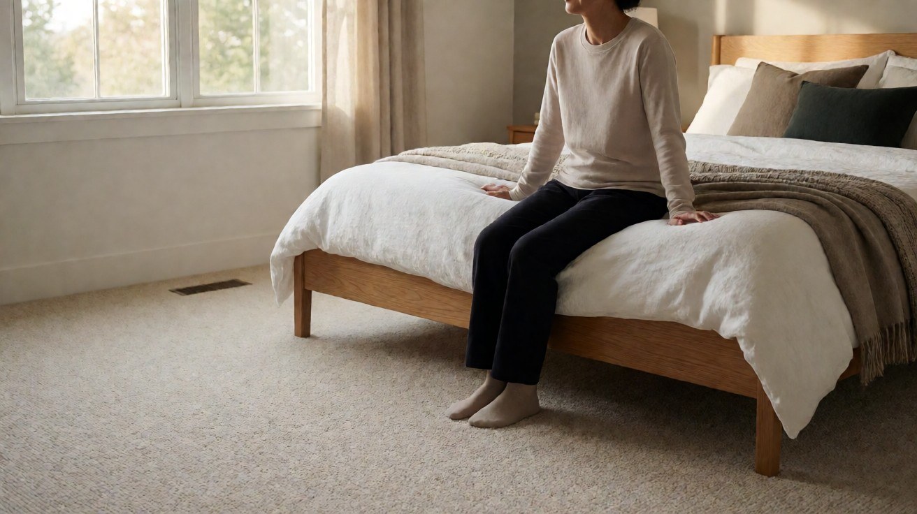 Bedroom with beige cut pile carpet, oak bed frame, and white bedding in morning daylight