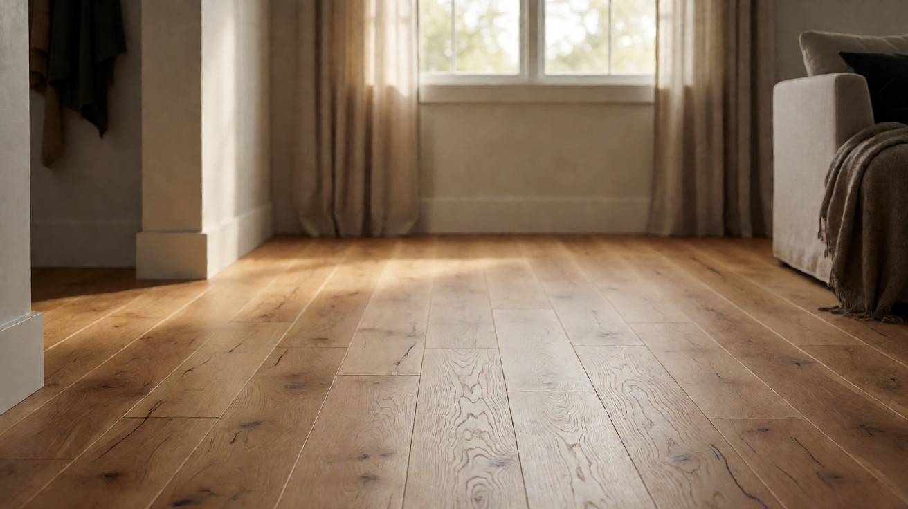 Character-grade white oak floor with visible knots and natural color variation