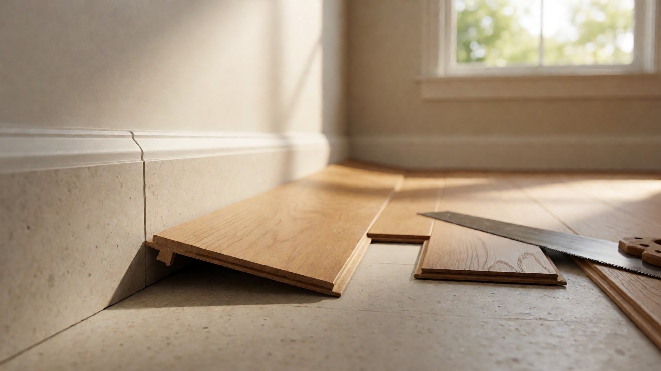 A plank fitted against a skirting board leaving a precise expansion gap