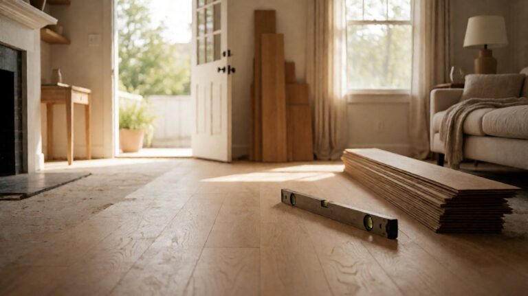 A room mid-renovation with the old floor removed to expose a bare subfloor, a spirit level resting on it and new oak planks stacked nearby