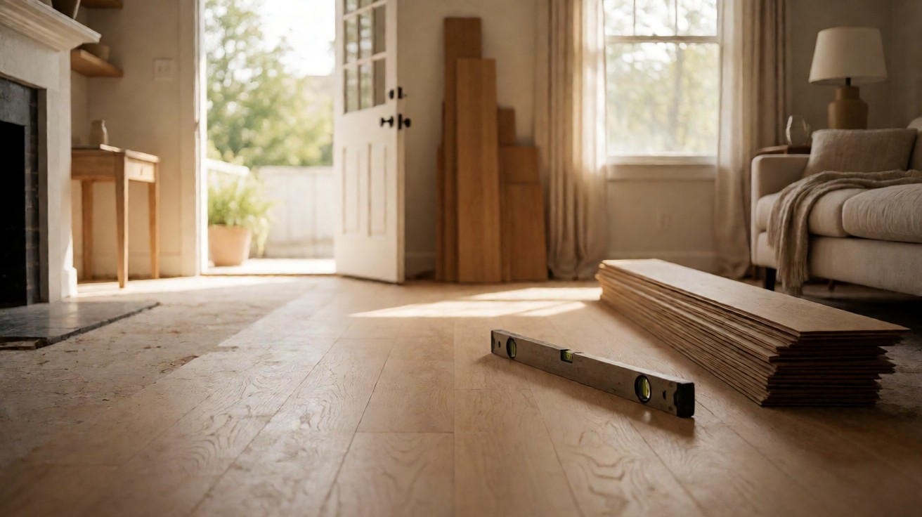 A room mid-renovation with the old floor removed to expose a bare subfloor, a spirit level resting on it and new oak planks stacked nearby
