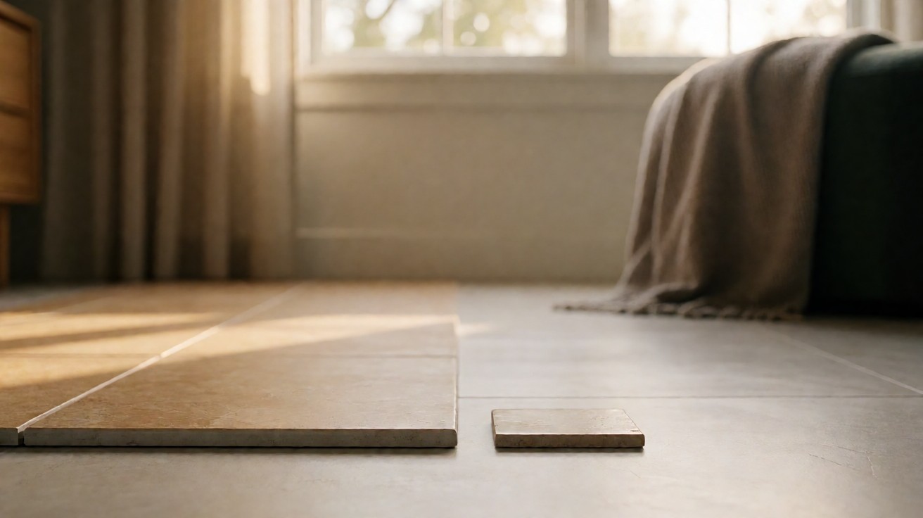 Scale comparison between a standard ceramic tile and a 48-inch large-format porcelain slab