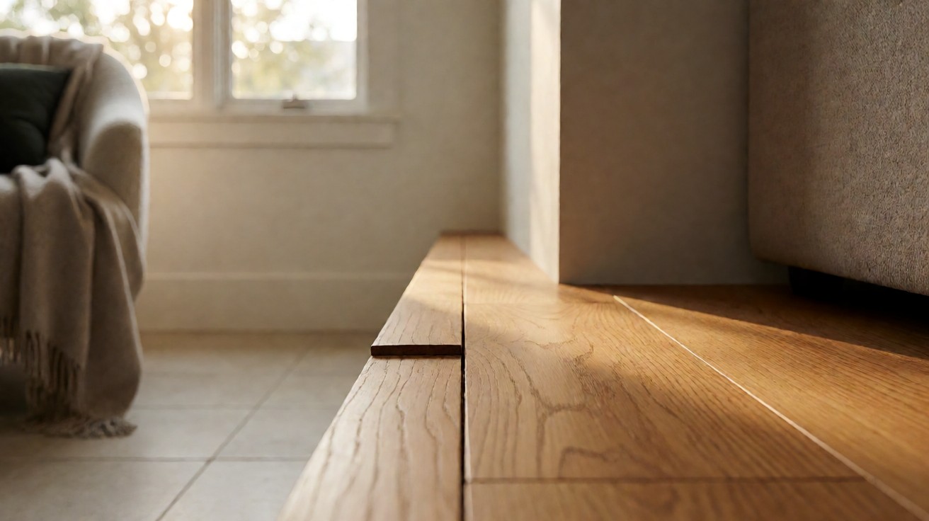 Macro detail of a narrow oak board edge and the seam where two planks meet