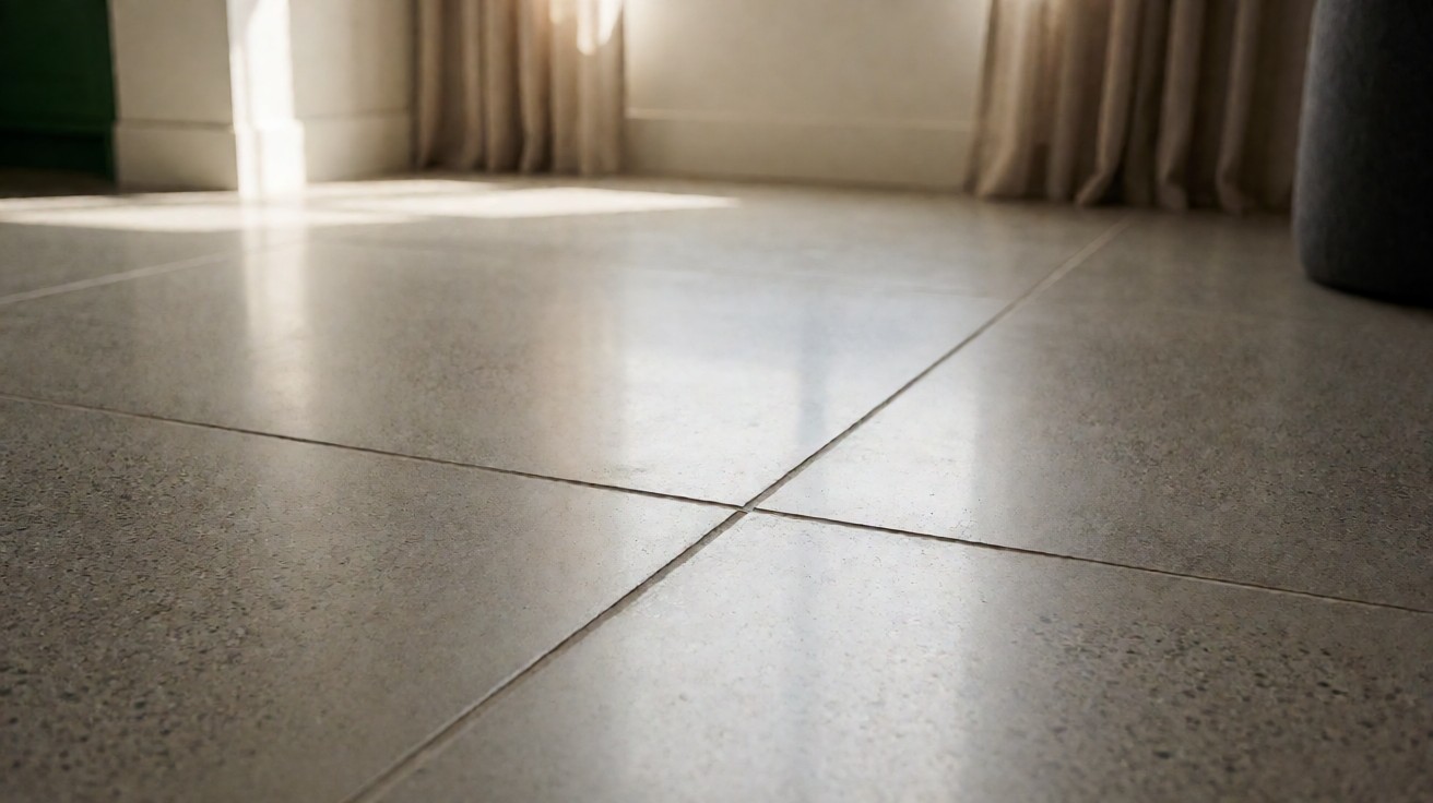 Close-up of polished concrete showing fine aggregate speckle and a saw cut control joint