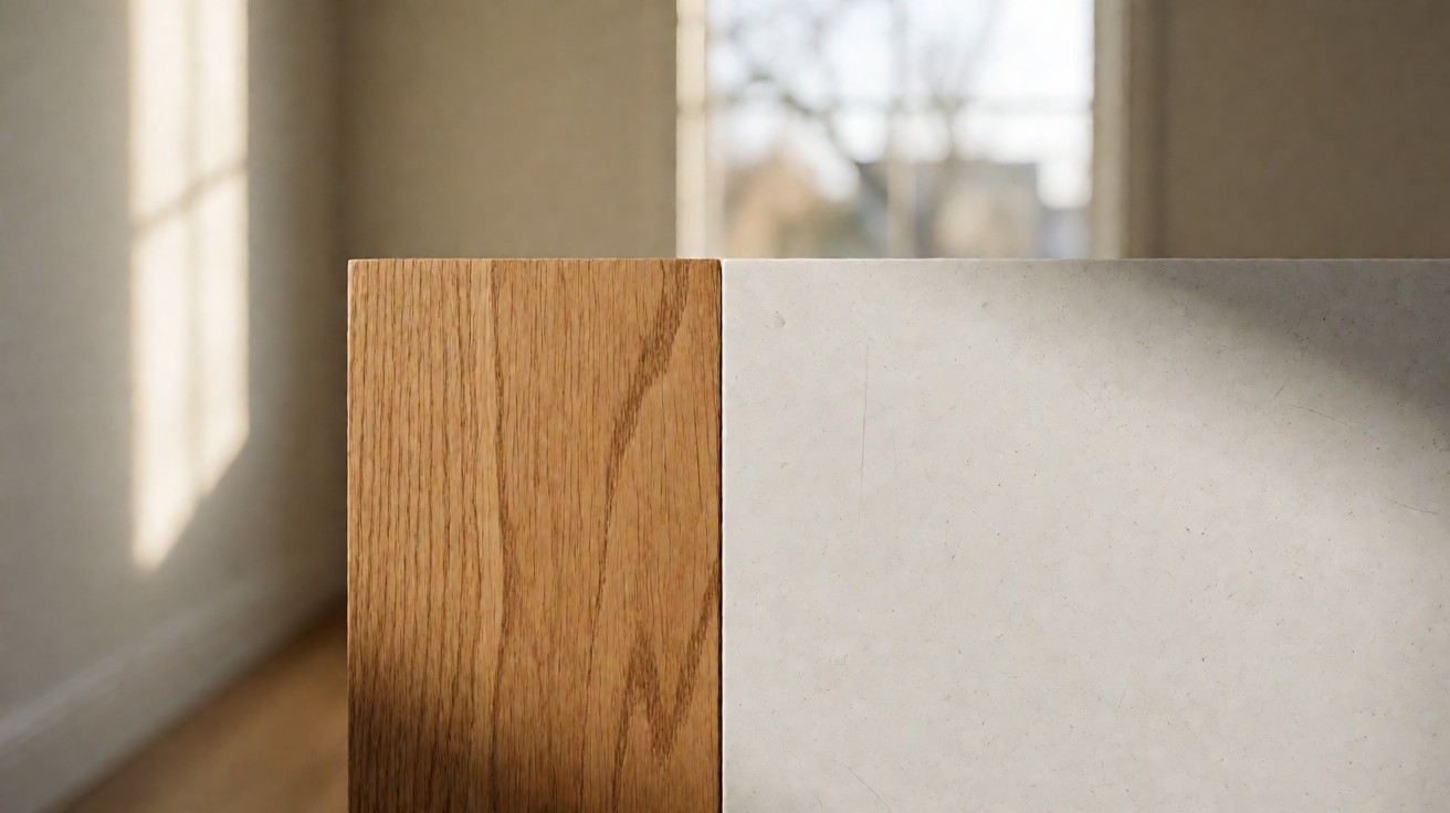 An oak plank beside a pale laminate surface showing surface scratching