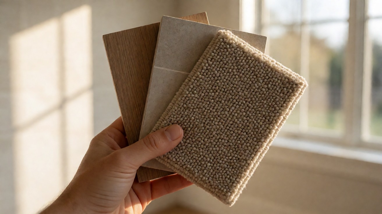 Hand holding a fan of flooring sample boards in wood, stone and carpet