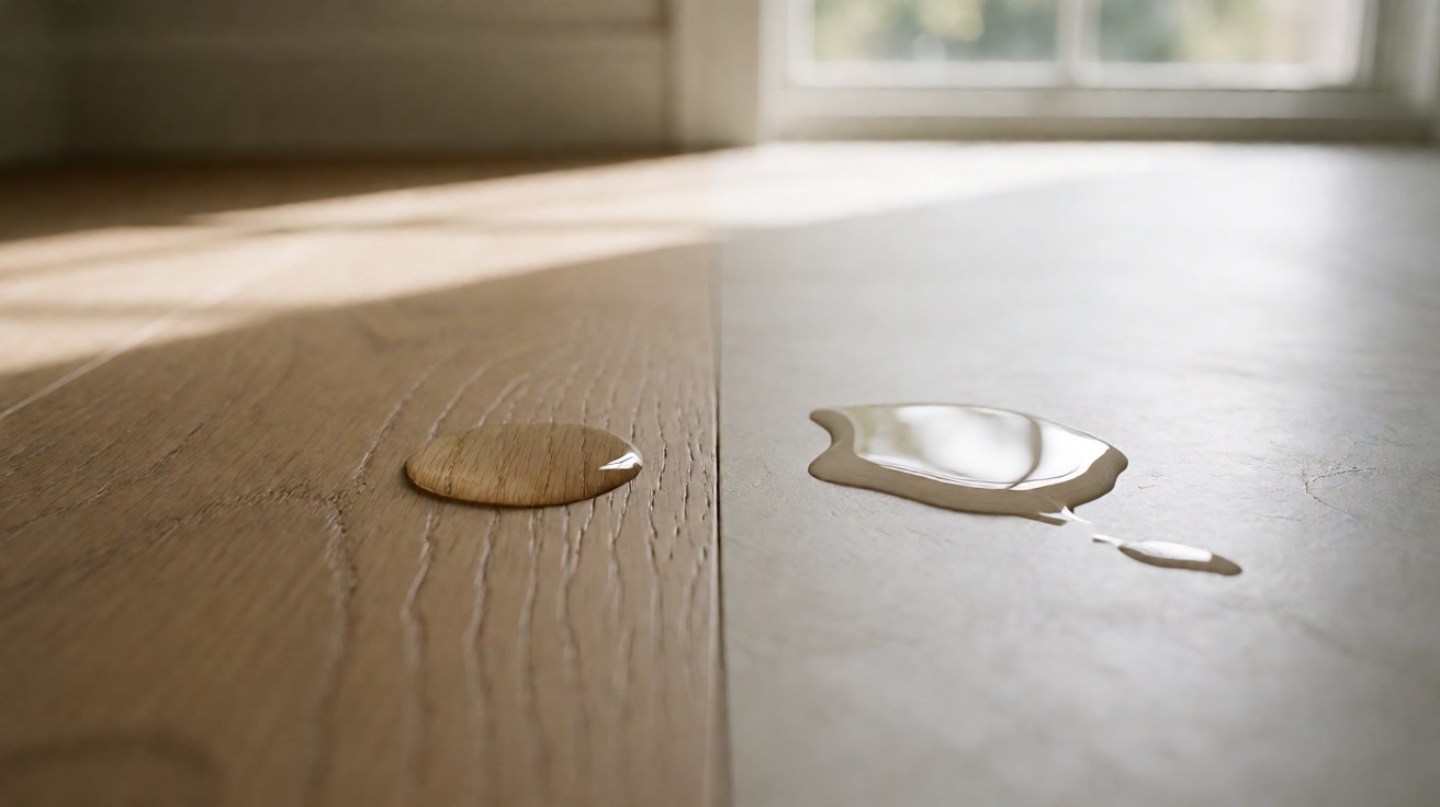 Water beading on sealed oak beside water spreading across a vinyl plank surface