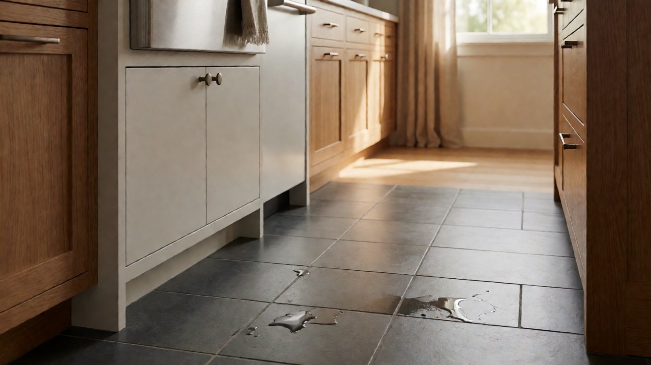 Close-up of a wet dark grey porcelain kitchen floor tile beside the sink cabinet, water droplets on the surface