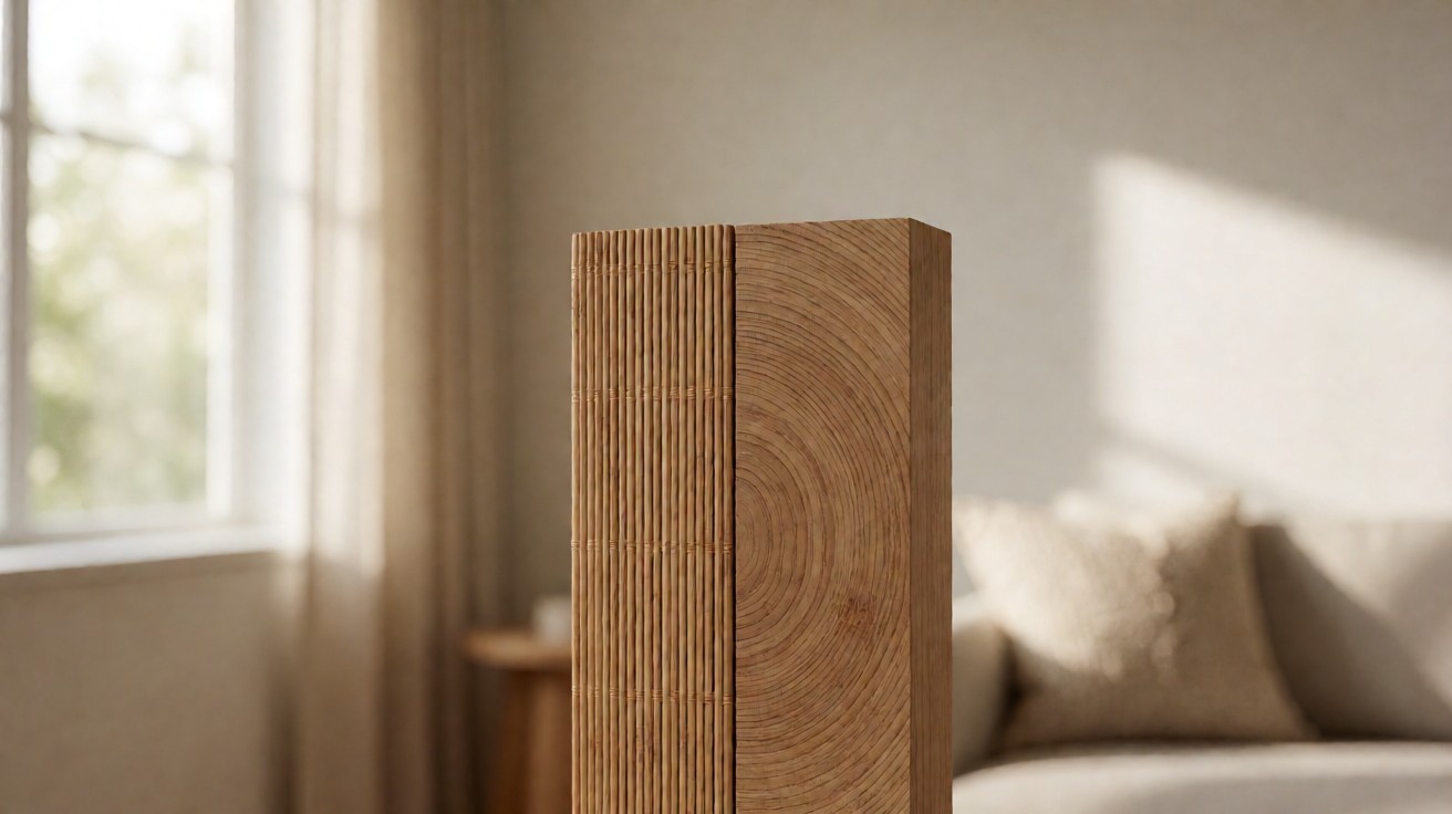 Cut edge of a bamboo plank showing compressed strands beside an oak plank showing solid growth rings