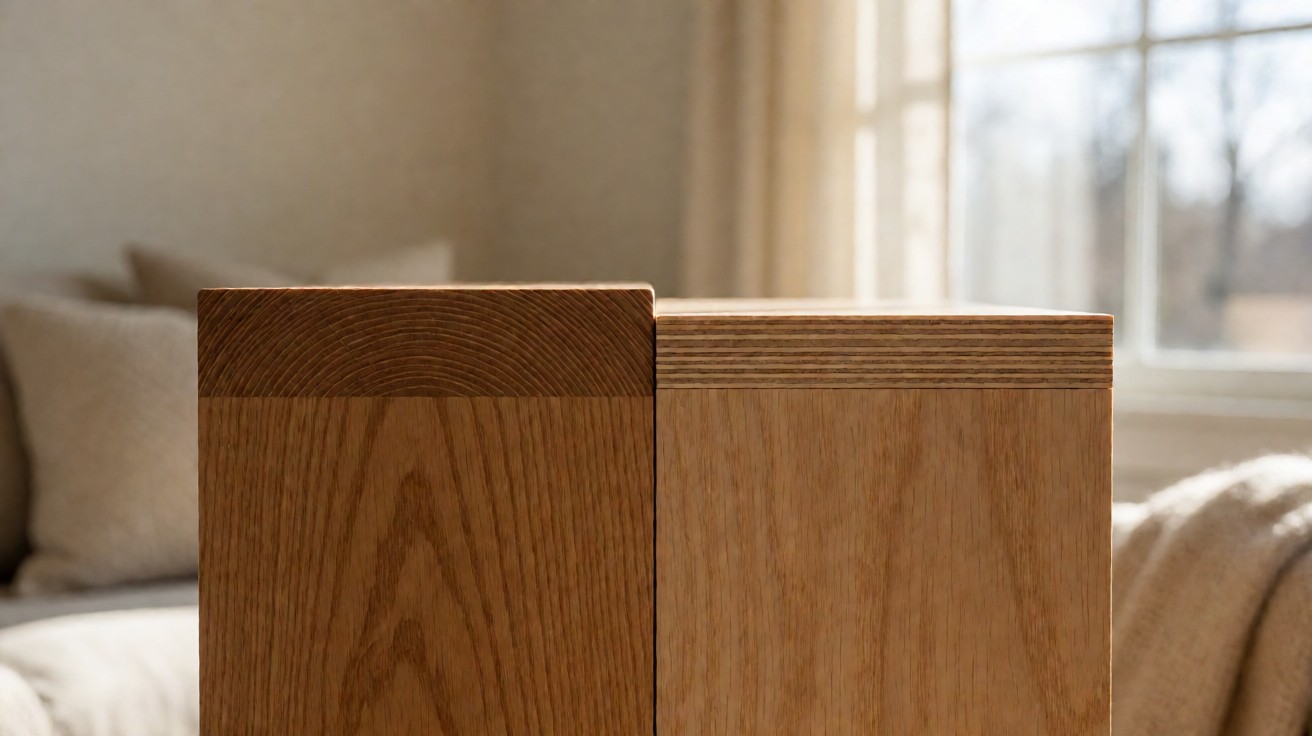 End grain of a solid oak board beside an engineered board showing the thin veneer and plywood layers