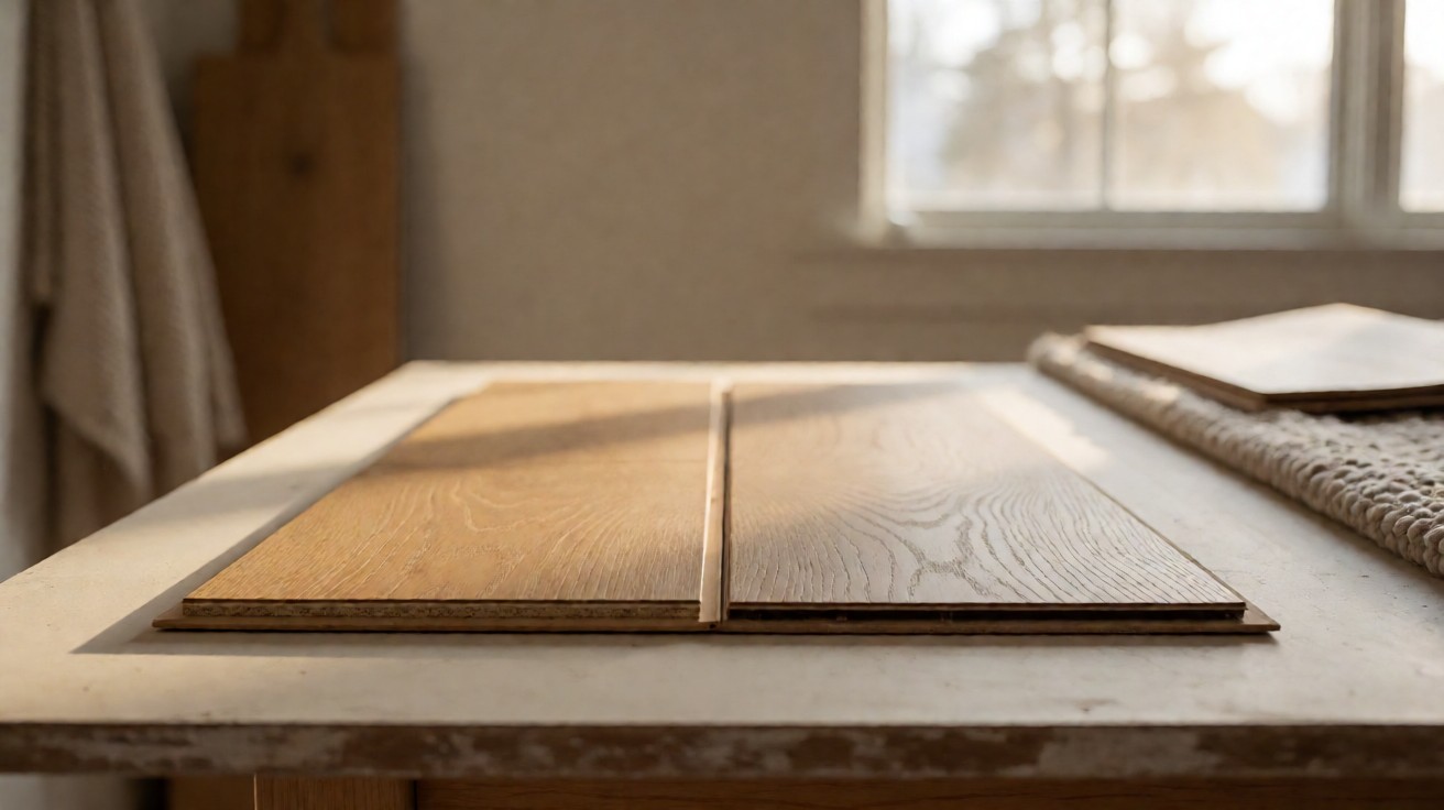 Two flooring plank samples in honey oak and weathered grey lying side by side on a workbench