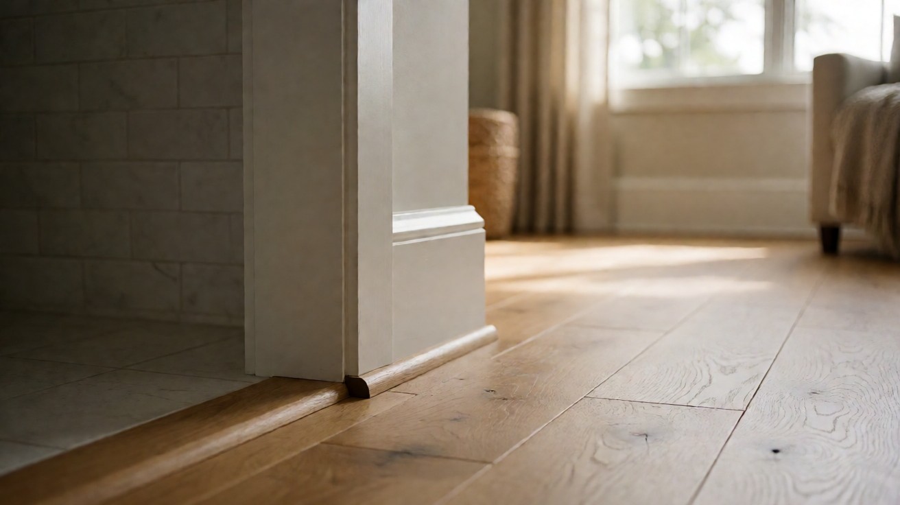 Baseboard trim and T-mold transition strip on oak flooring