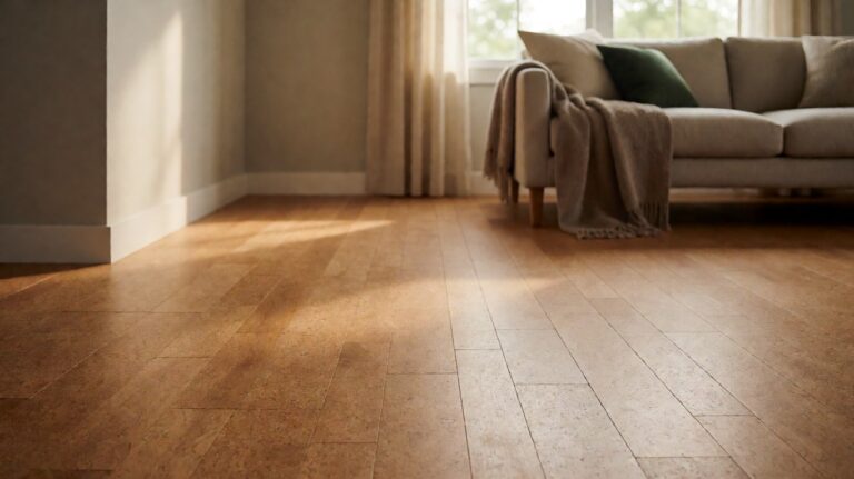 Cork plank flooring installed in a bright residential living room