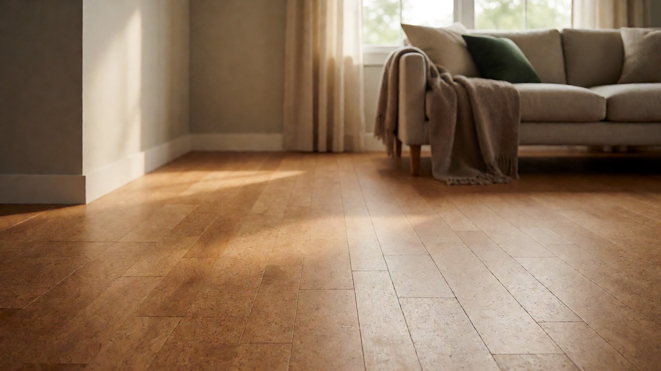 Cork plank flooring installed in a bright residential living room