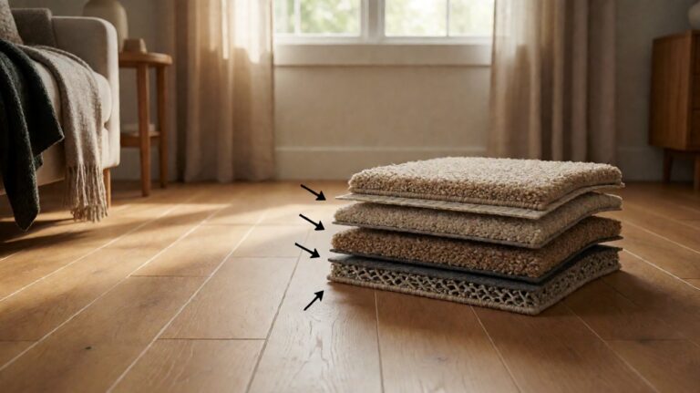 Cross-section diagram of carpet showing four layers: pile, primary backing, secondary backing