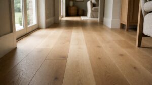 Light oak plank flooring in a sunlit hallway with a worn traffic line down the centre of the floor