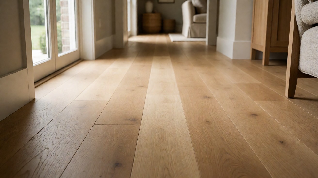 Light oak plank flooring in a sunlit hallway with a worn traffic line down the centre of the floor