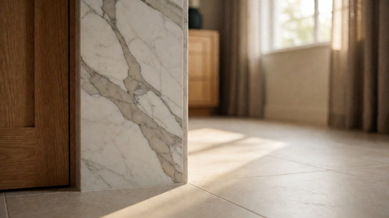Polished marble surface with grey vein pattern, in a room interior