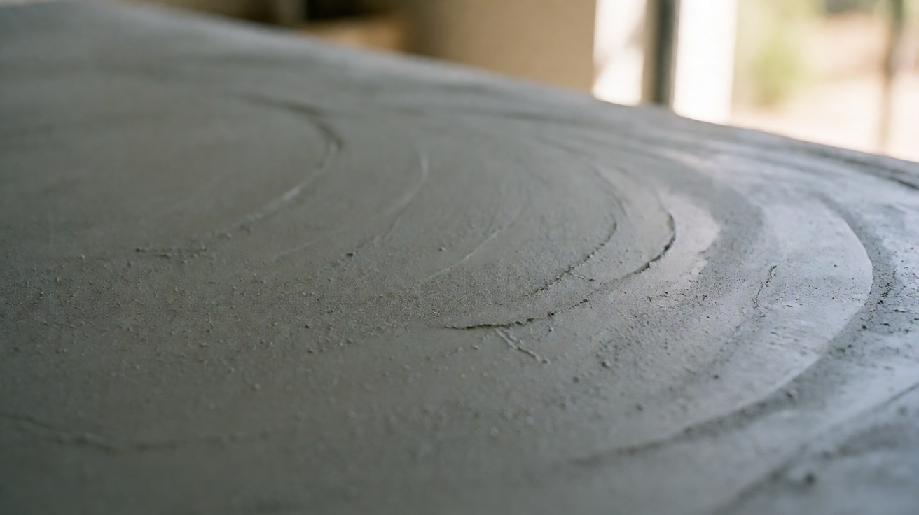 Close-up of microcement showing fine aggregate in grey binder with trowel marks