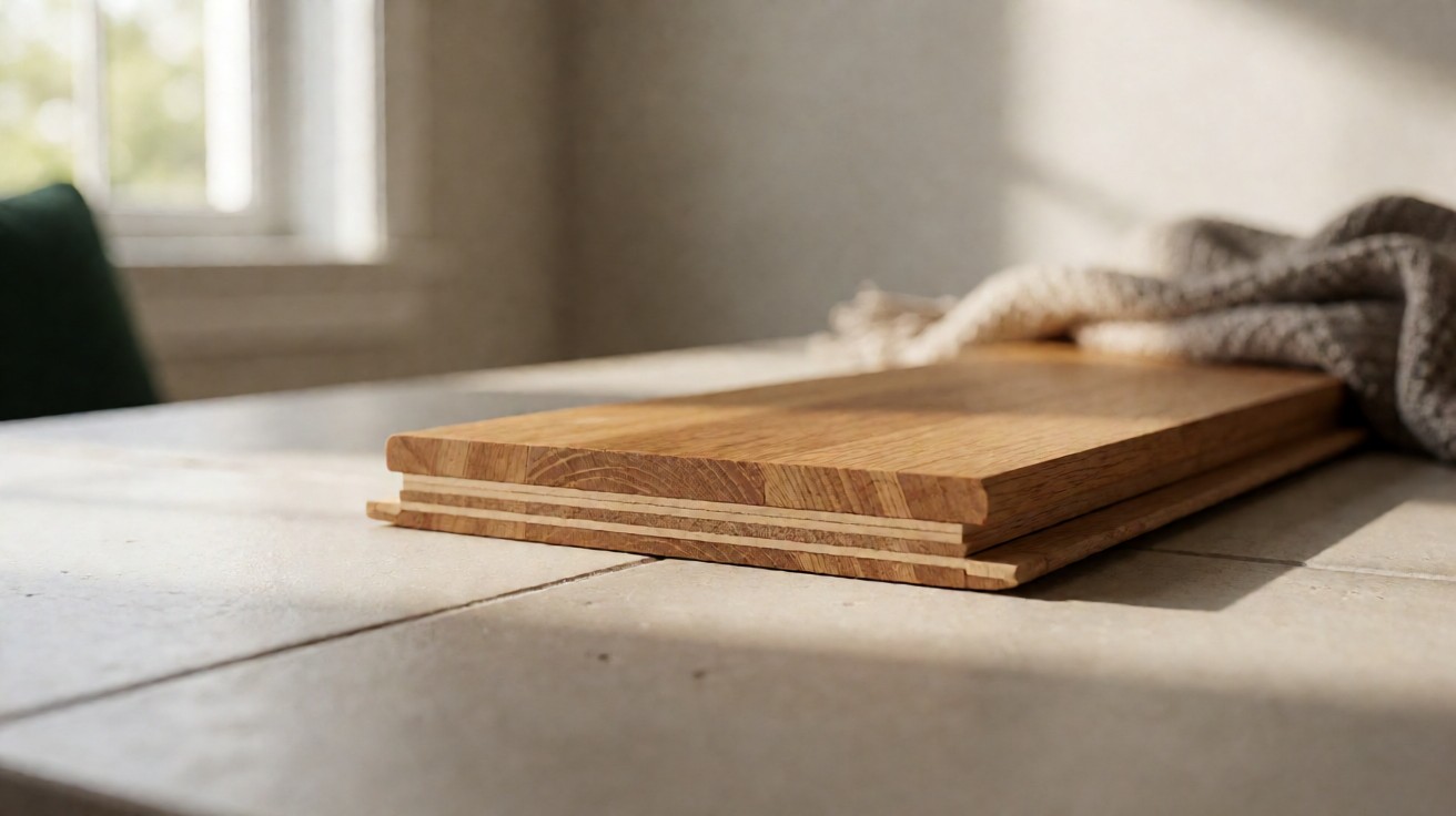 Cross-section of engineered hardwood plank showing face layer and plywood core